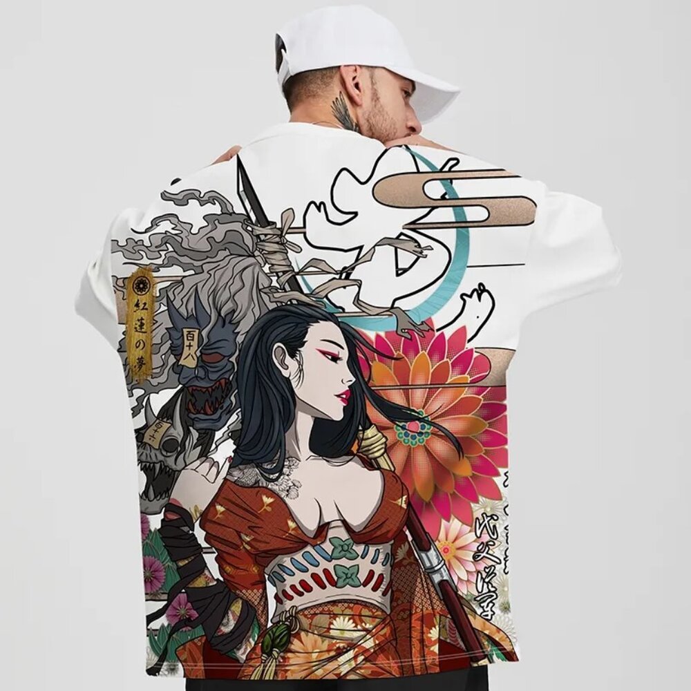 Mulan Samurai Geisha Tattoo Graphic Art Floral Japan White T-Shirt Men’s Size M